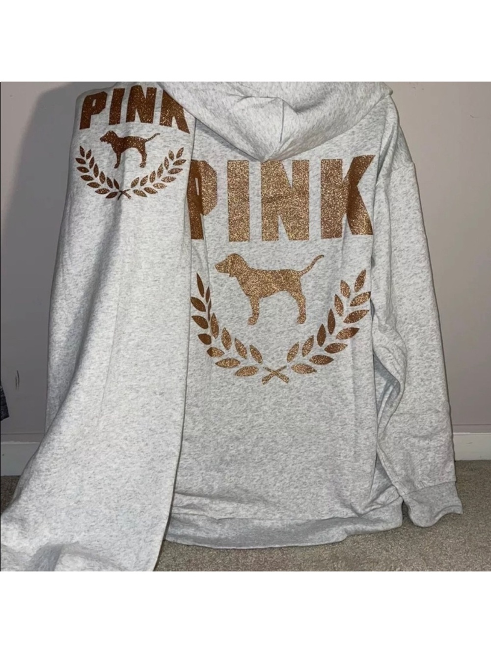 Victoria's Secret Pink BLING Campus Hoodie + Sweatpants Set ROSE GOLD